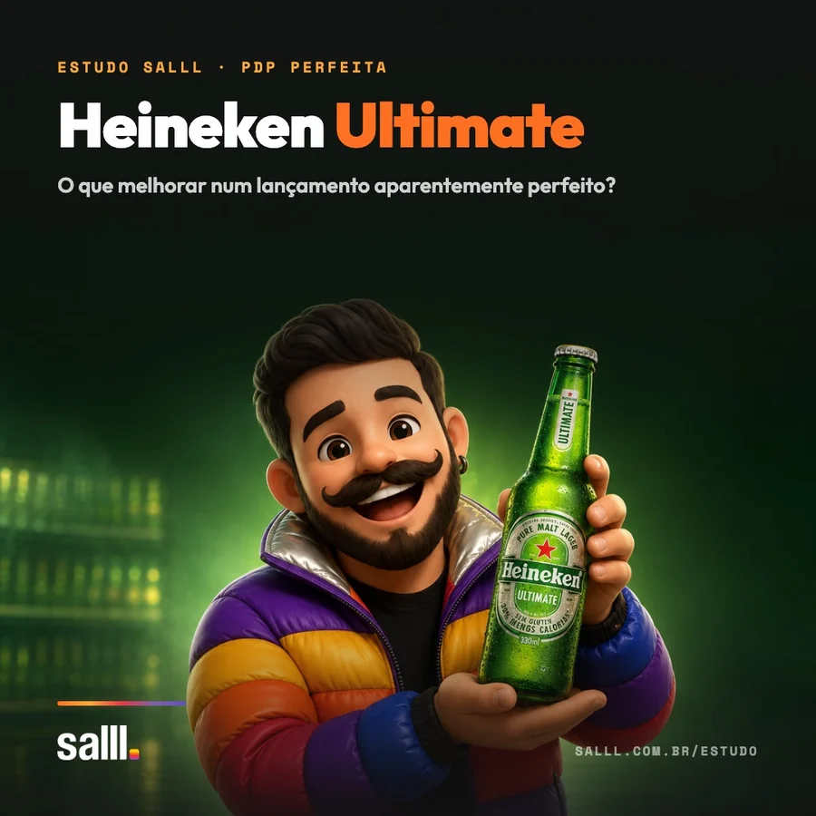 Capa do estudo Heineken Ultimate: o personagem da Salll segurando a garrafa long neck de 330 ml