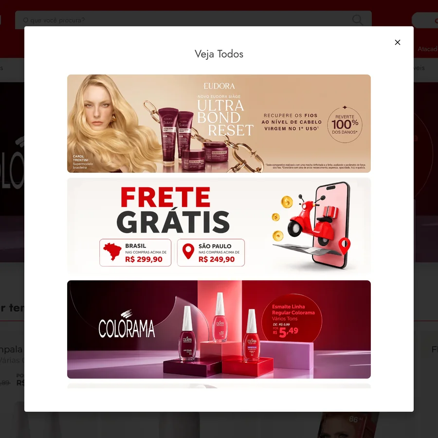 Painel Veja Todos aberto na home da Ikesaki, com os banners empilhados numa lista