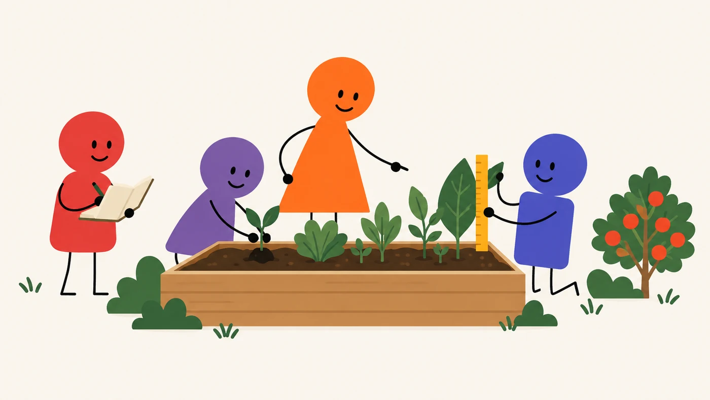 Alunos e professora cultivam, medem e registram o aprendizado em uma horta.