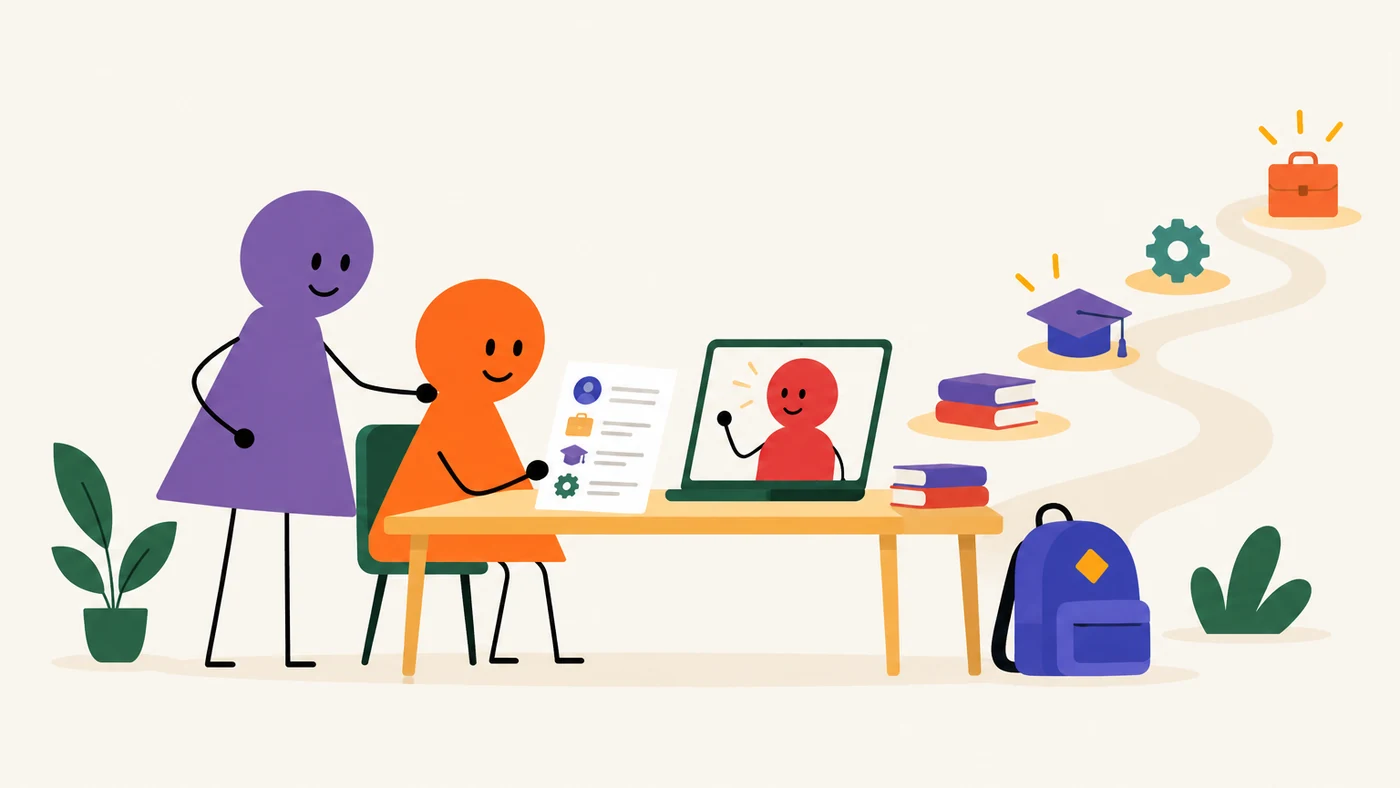 Estudante prepara currículo e conversa com mentor virtual, com acompanhamento da escola.