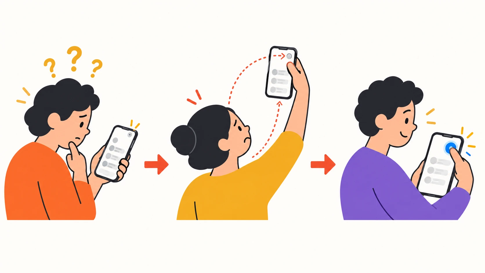 Três cenas mostram um controle difícil de perceber, um botão distante do polegar e uma interface corrigida com alvo amplo