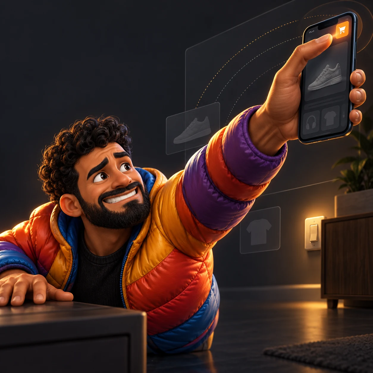 Personagem 3D estende o polegar para alcançar um pequeno botão de compra no canto do telefone