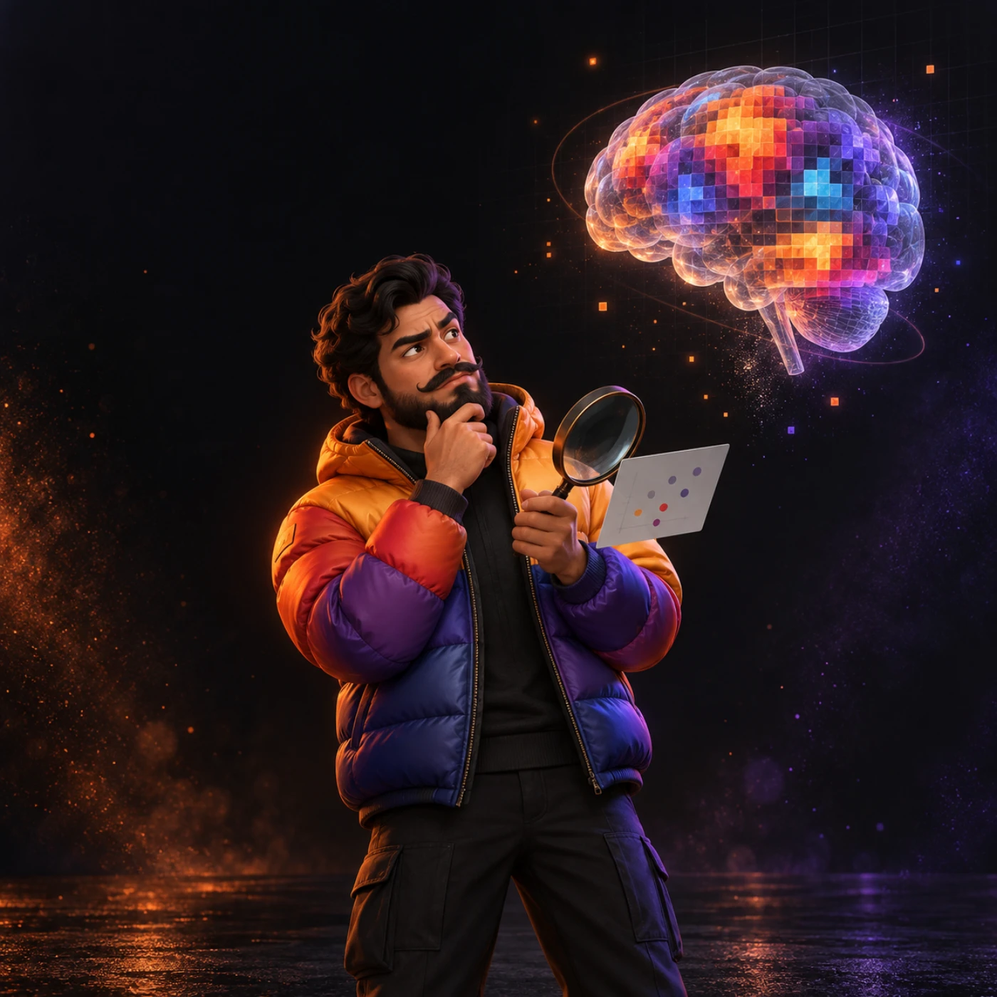 Personagem Salll observa com lupa um cérebro translúcido feito de áreas coloridas