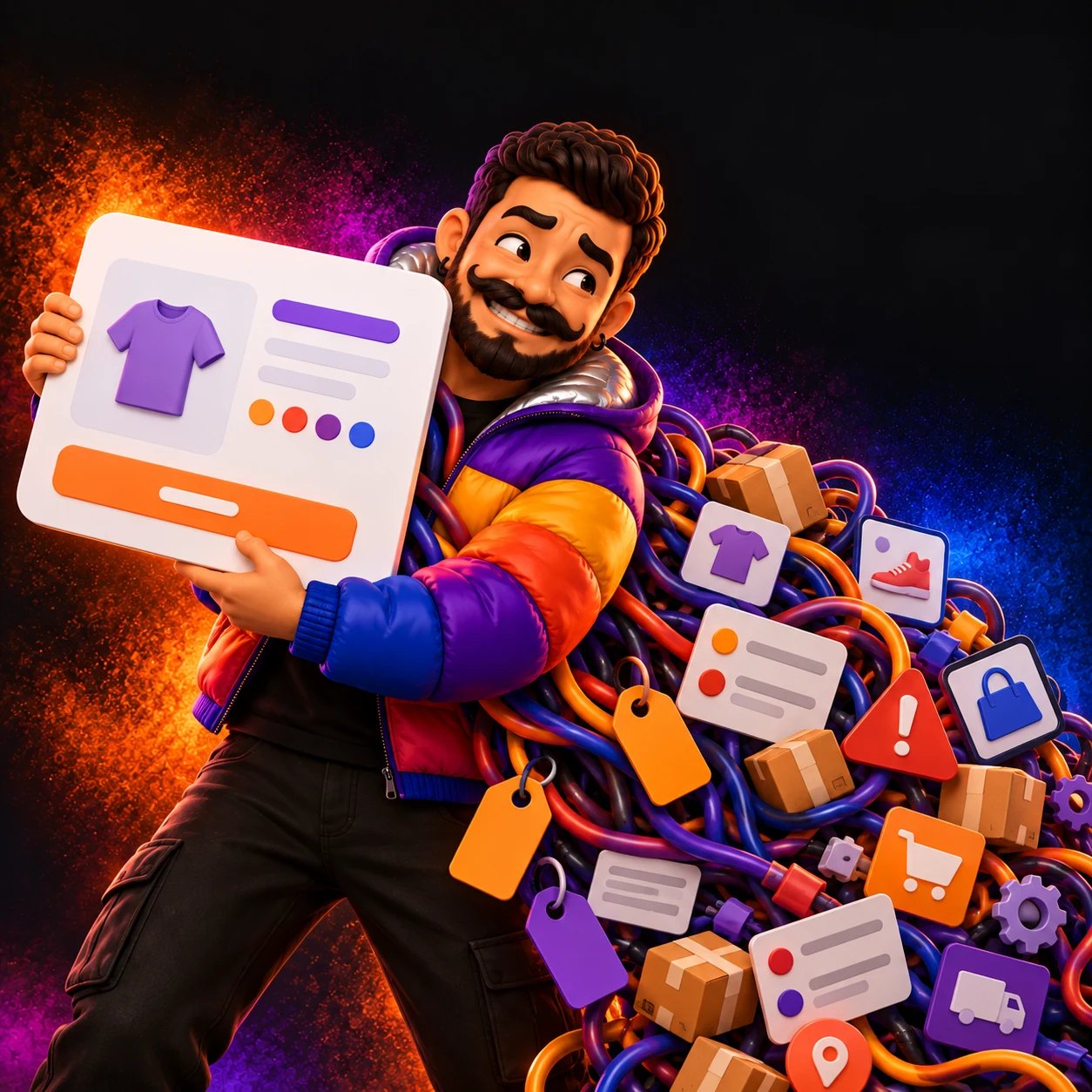 Personagem Salll segurando uma interface limpa enquanto cabos, dados e exceções se acumulam atrás dela