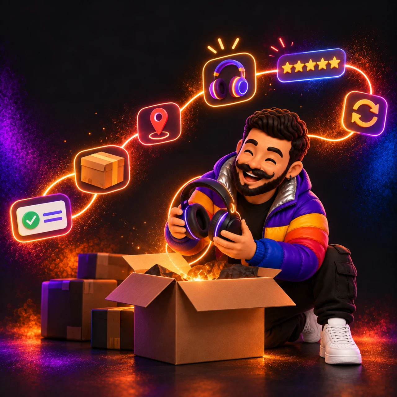 Personagem 3D da Salll ao lado de uma caixa aberta e de uma jornada que continua depois da confirmação de pagamento