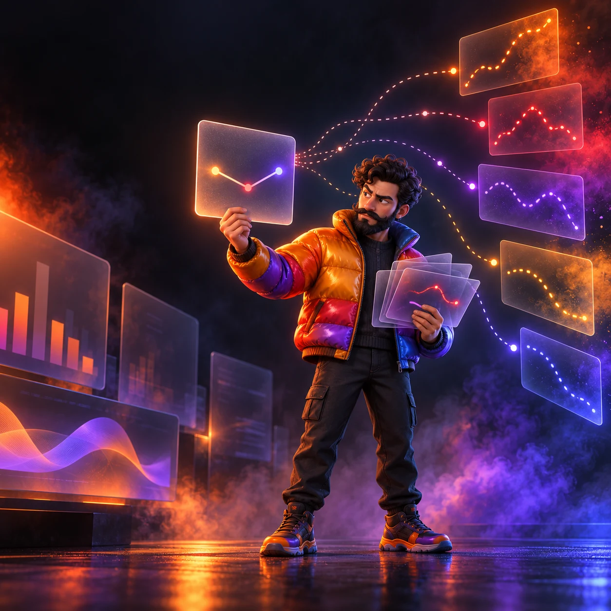 Personagem Salll separando um sinal real de várias curvas possíveis em dashboards