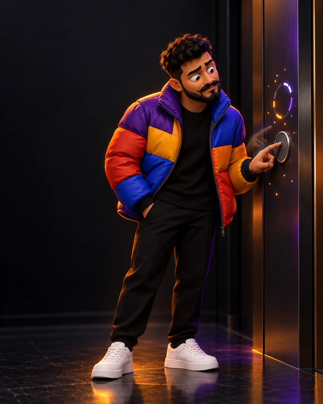 Personagem 3D da Salll diante de um botão de elevador que não confirma o toque