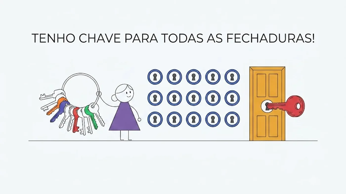 Molho com dezesseis chaves, apenas uma em uso, diante de uma parede com quinze fechaduras fechadas