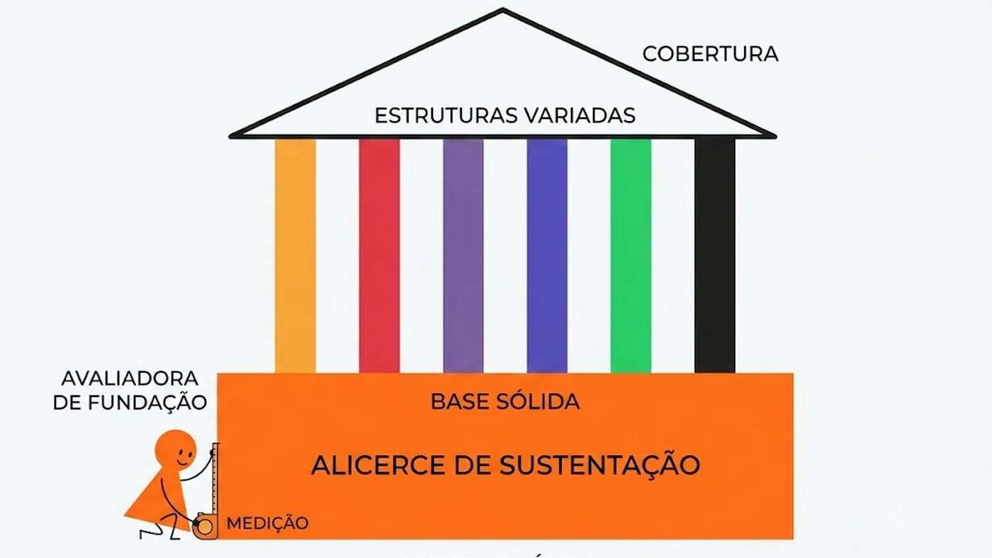Templo com seis colunas coloridas apoiadas sobre uma base laranja larga, e uma personagem medindo a base