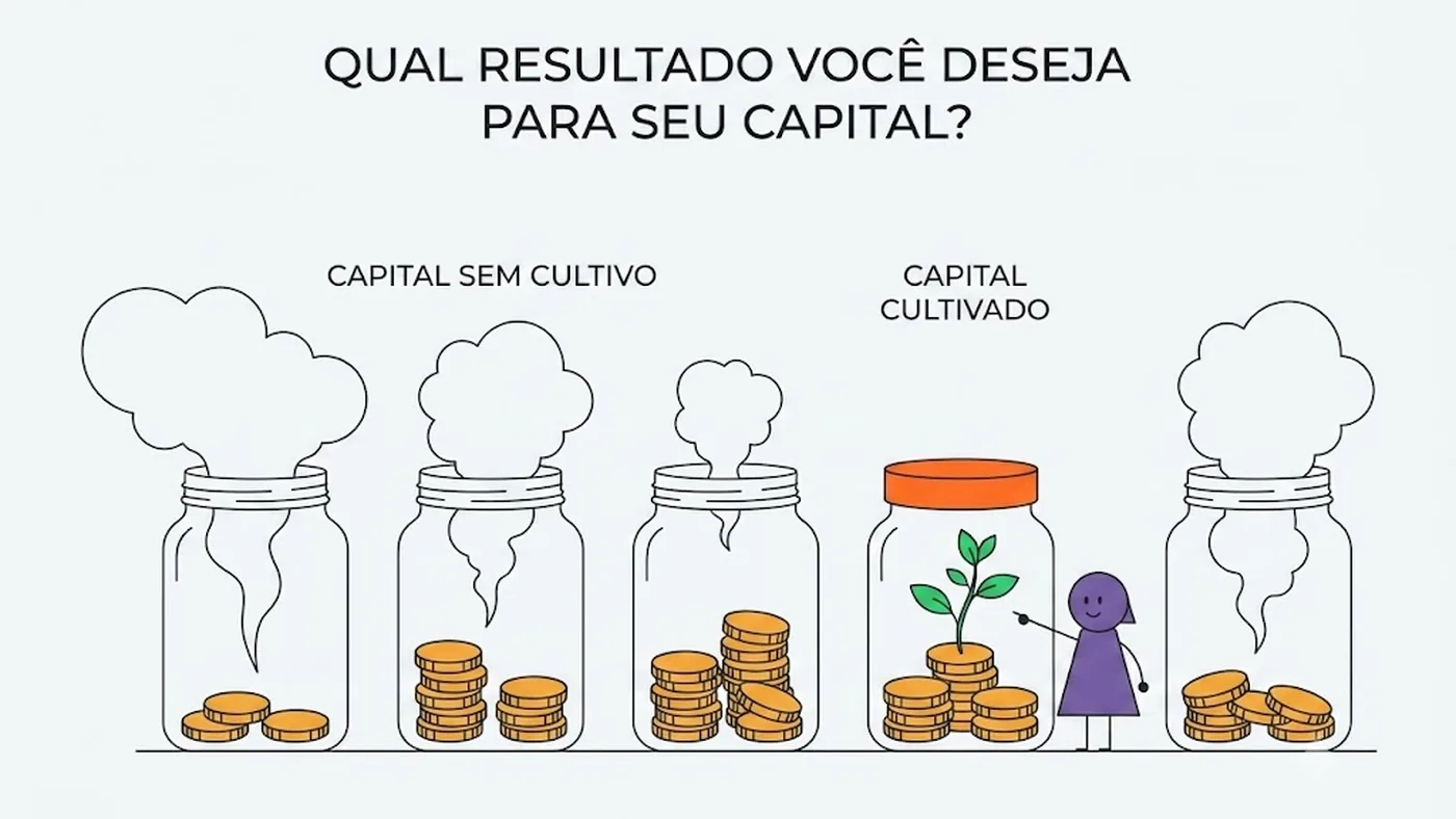 Cinco potes de moedas evaporando em ritmos diferentes, e um único pote fechado onde as moedas brotam