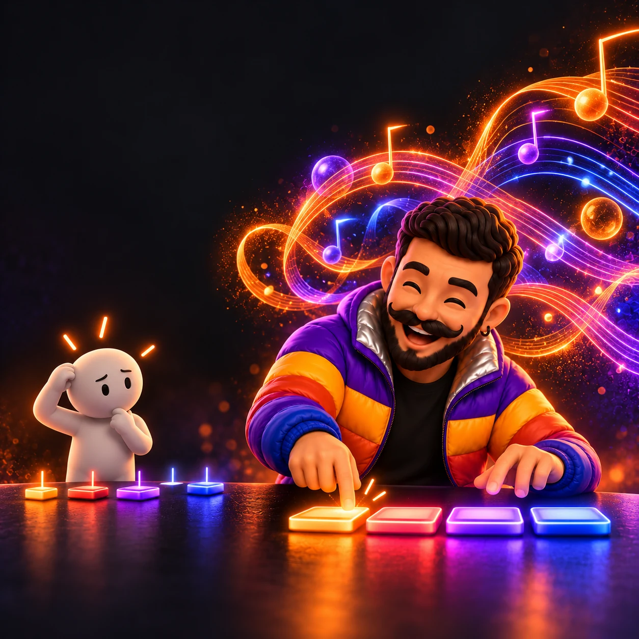 Personagem Salll ouve uma melodia completa enquanto outro bonequinho recebe apenas batidas isoladas