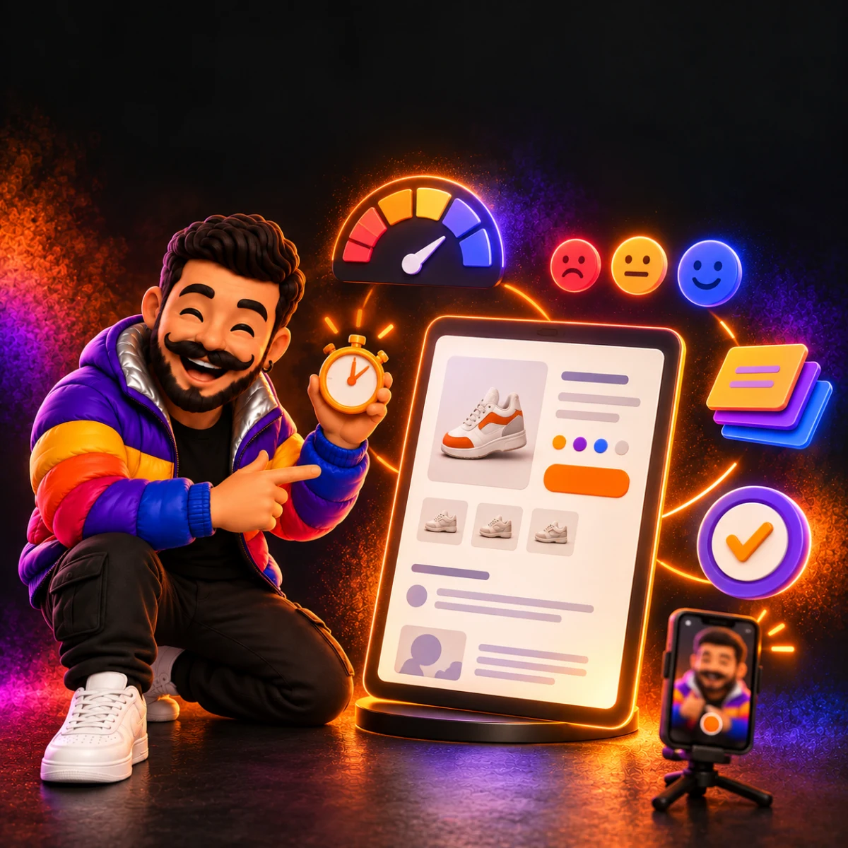 Personagem Salll mede uma página de produto com cronômetro, escala, cartões e registro de contexto