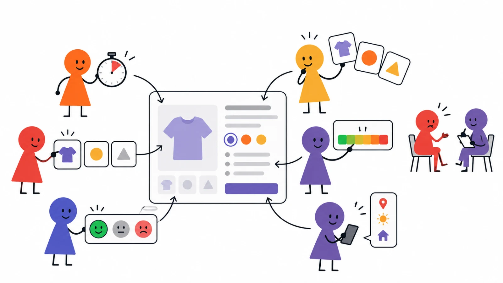 Diagrama com bonequinhas medindo uma página de produto por tempo, memória, reconhecimento, esforço, afeto, contexto e entrevista