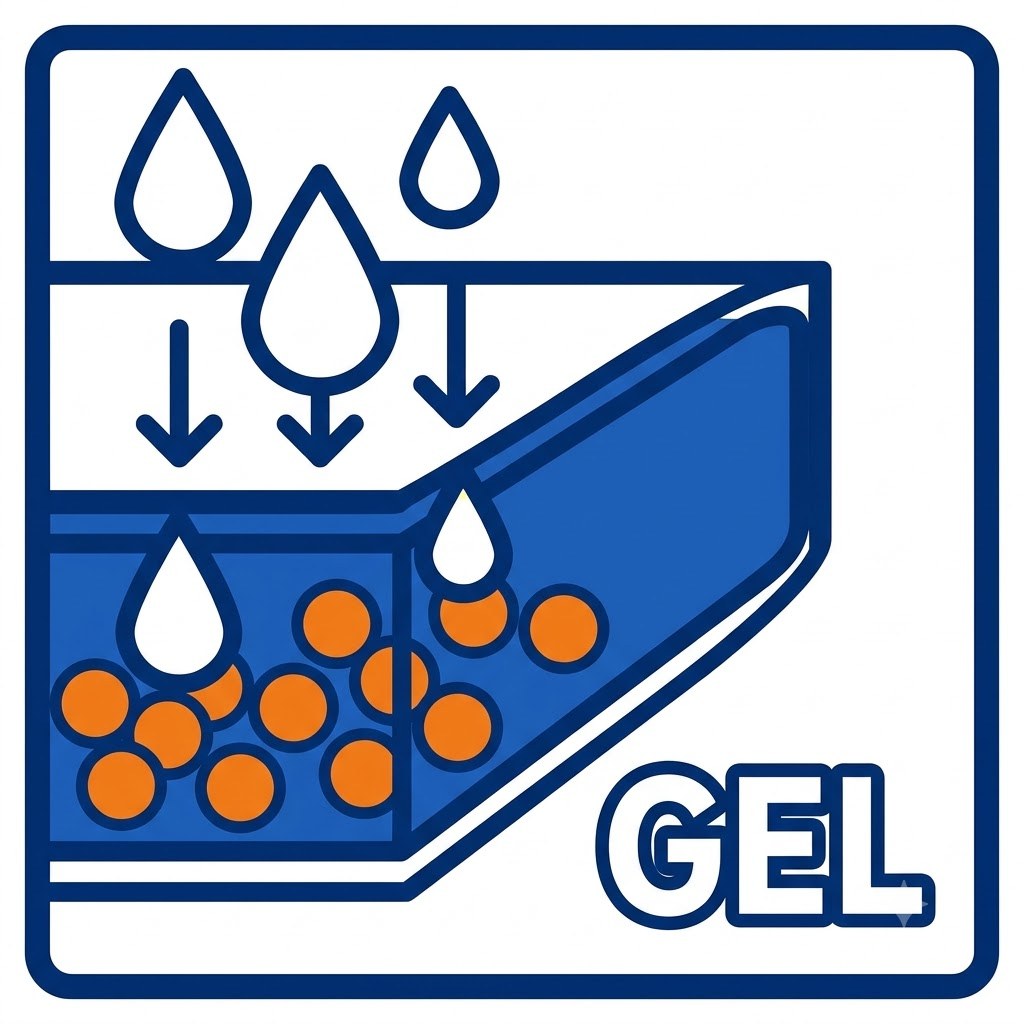 Ilustração do gel super absorvente retendo o líquido dentro do núcleo e mantendo a superfície seca.