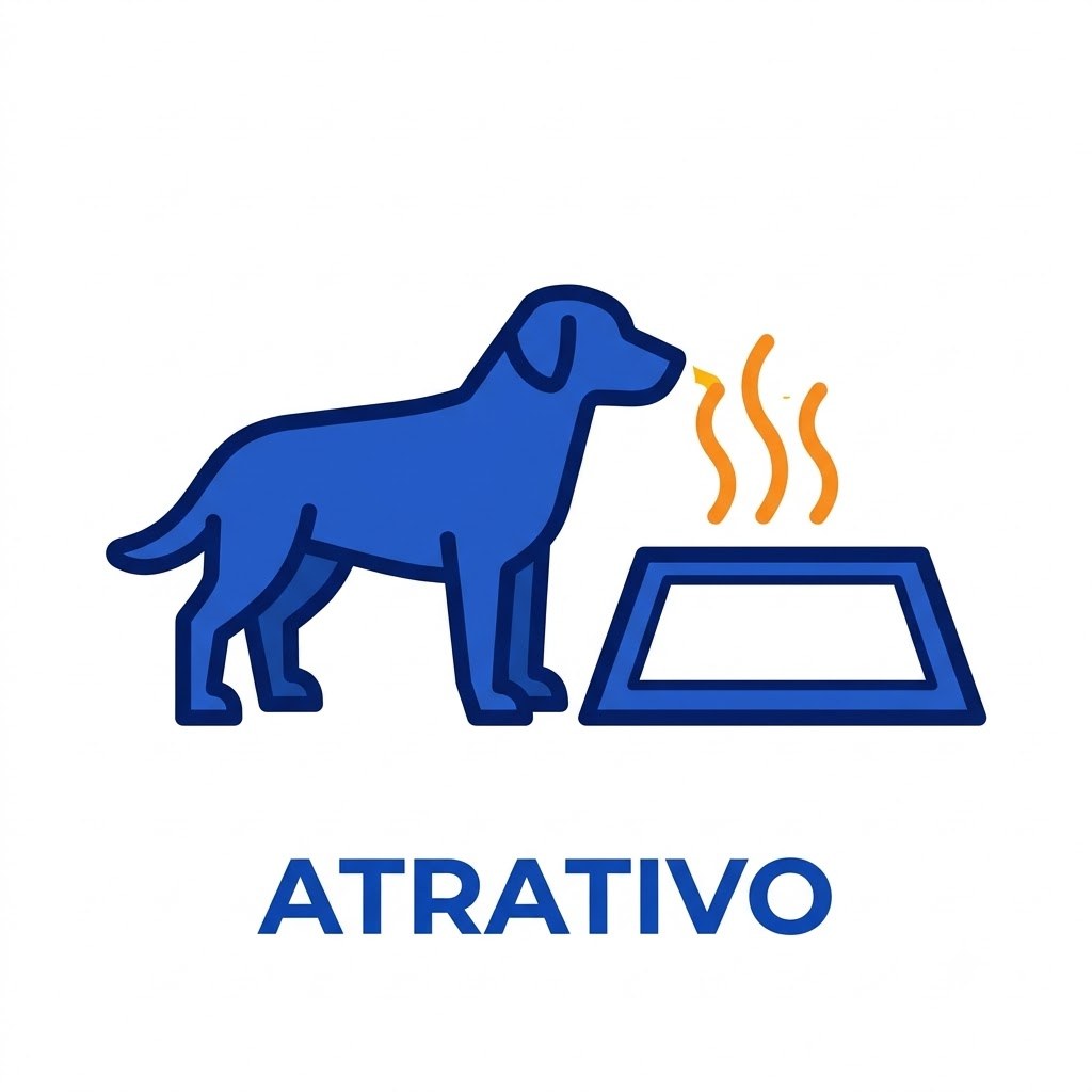 Ilustração do atrativo canino orientando o cão até o tapete higiênico.