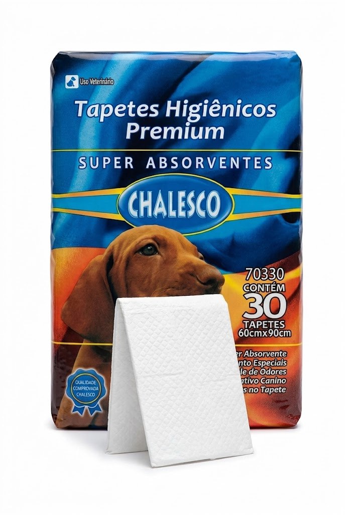 Fardo Chalesco Tapetes Higiênicos Premium com um tapete branco aberto ao lado.
