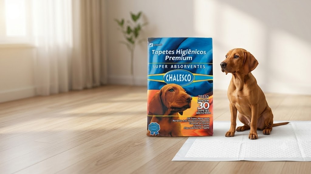 Tapete higiênico Chalesco Premium branco aberto no piso de um apartamento, com cão adulto sentado ao lado.