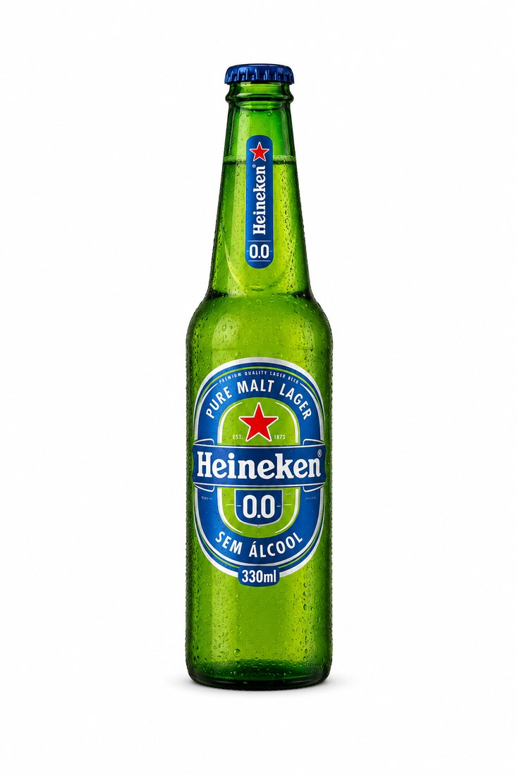 Garrafa Heineken 0.0 de rótulo azul em fundo branco.