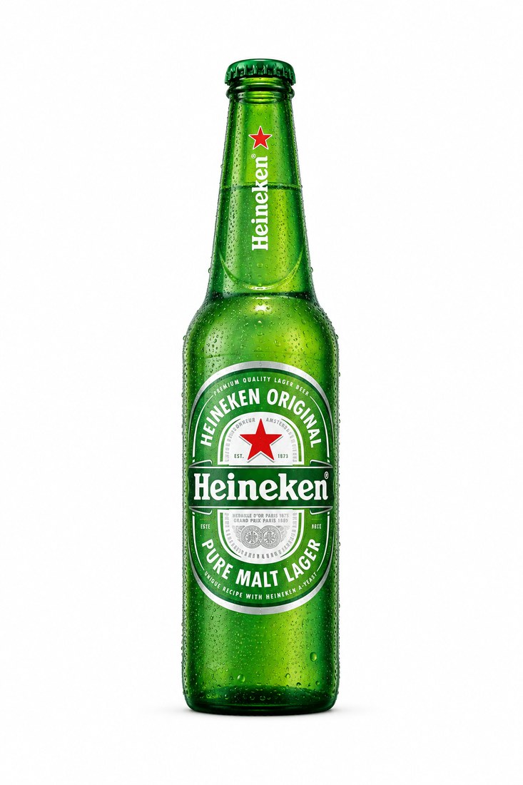 Garrafa Heineken regular de rótulo verde em fundo branco.