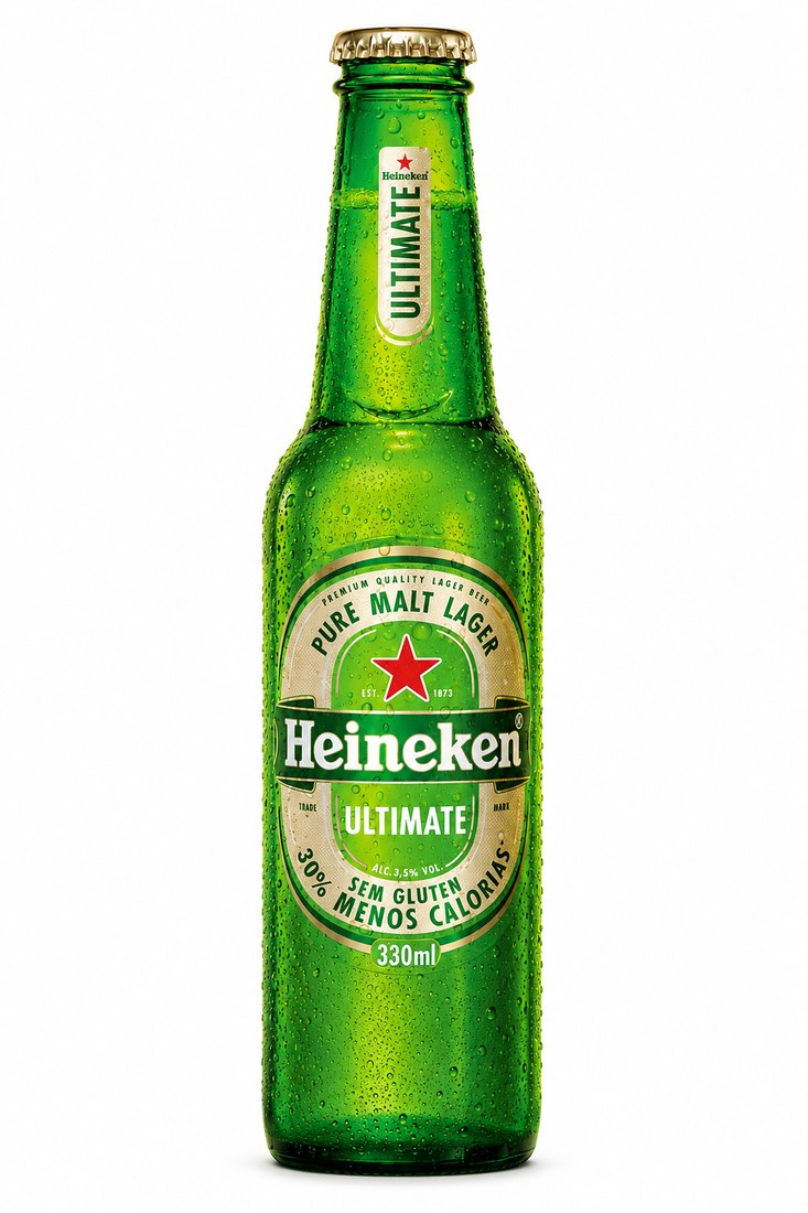 Garrafa Heineken Ultimate de rótulo creme em fundo branco.