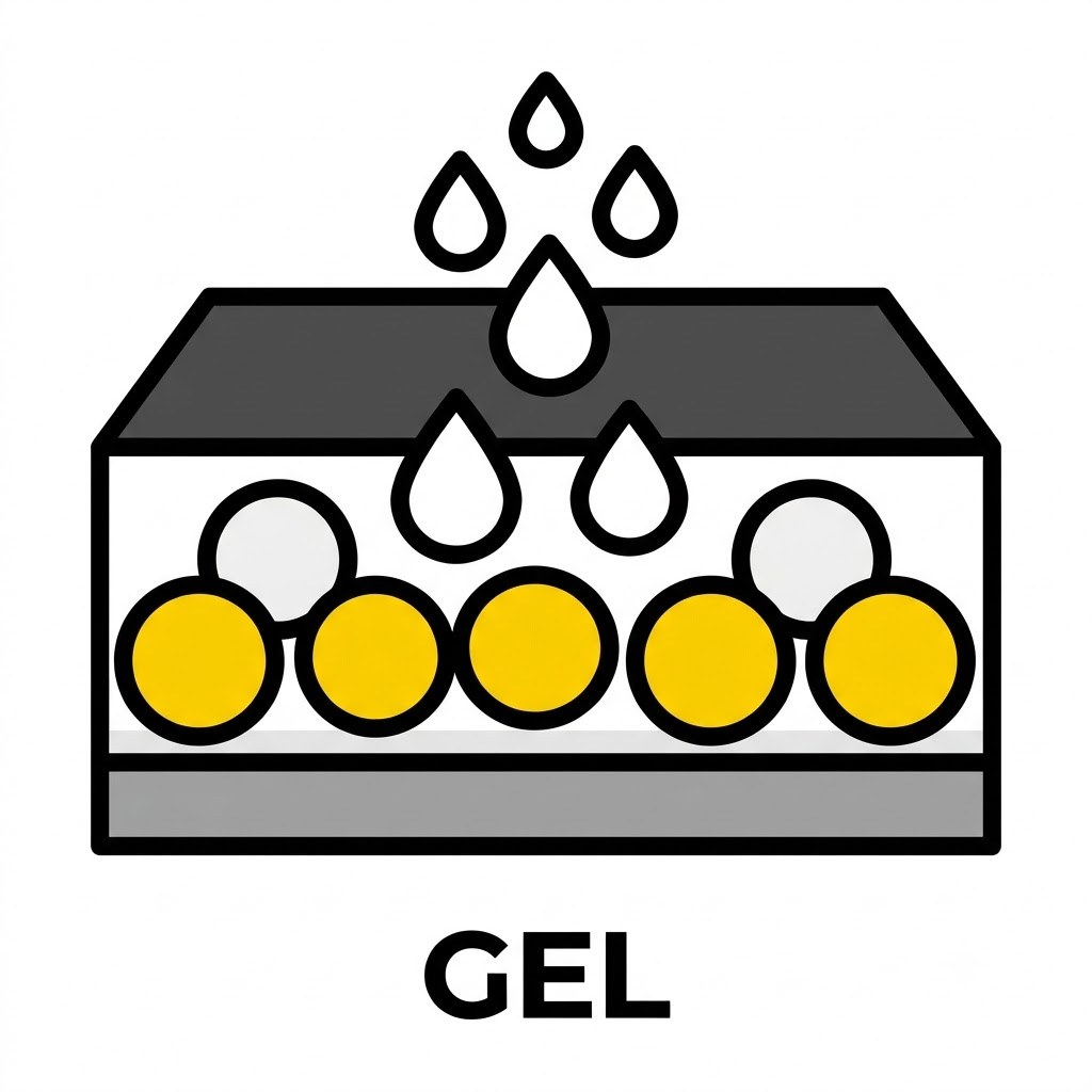 Ilustração do gel absorvente prendendo o líquido dentro do núcleo do tapete e mantendo a superfície seca.