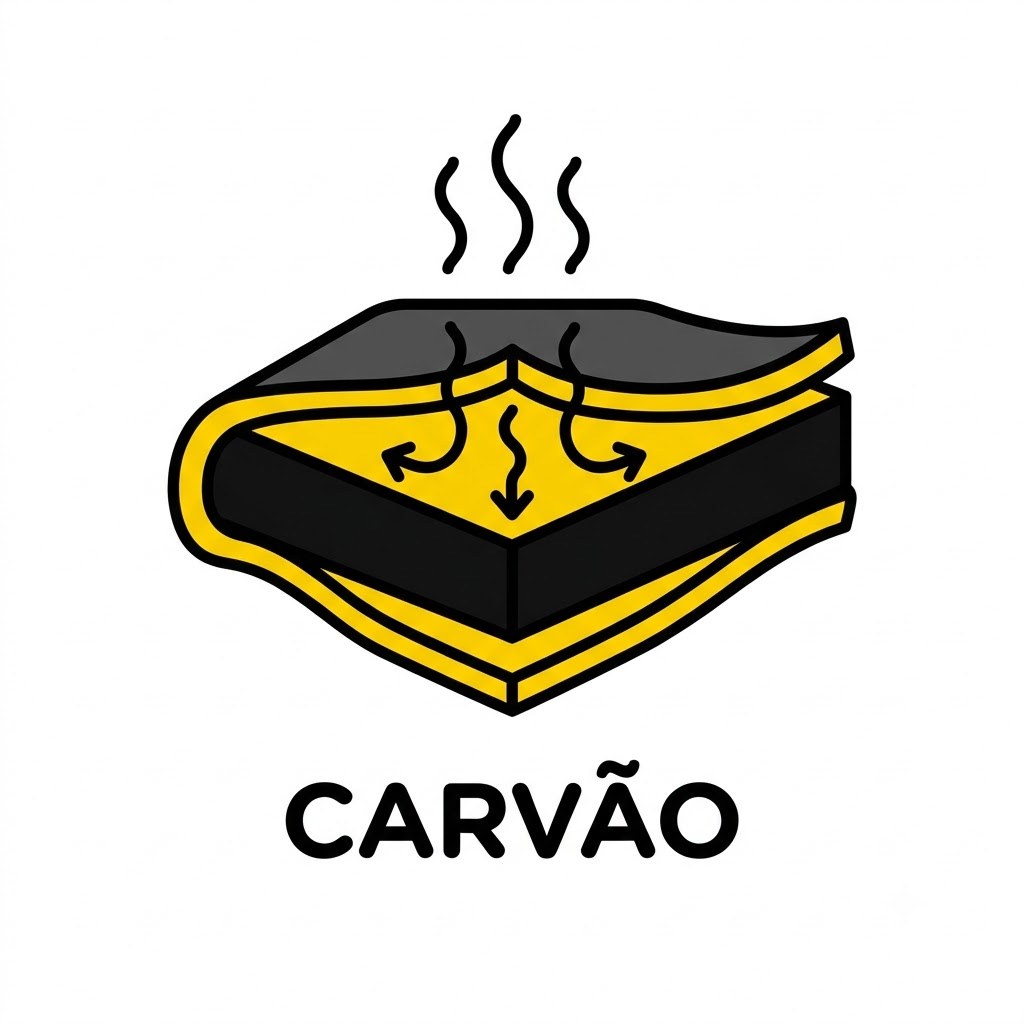 Ilustração do papel de carvão ativado capturando o odor da urina retida no tapete.