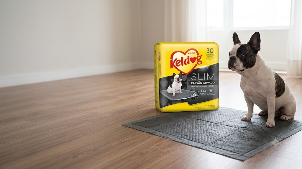 Tapete higiênico Keldog Ultra Dry aberto no piso de um apartamento, com cão adulto sentado ao lado.
