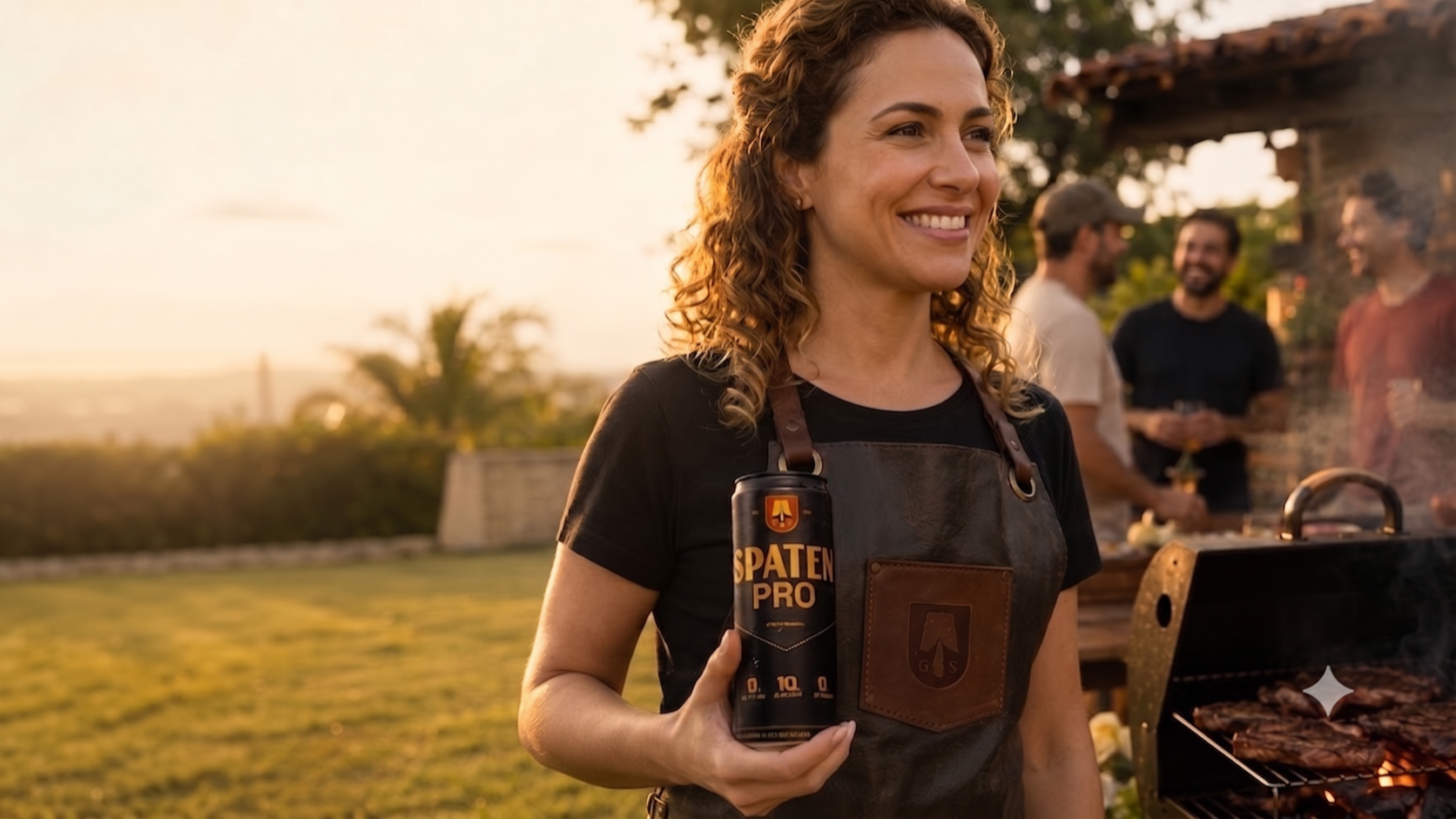Mulher de avental de churrasqueira segura uma lata fechada de Spaten Pro num churrasco ao ar livre no fim da tarde, com amigos na grelha ao fundo