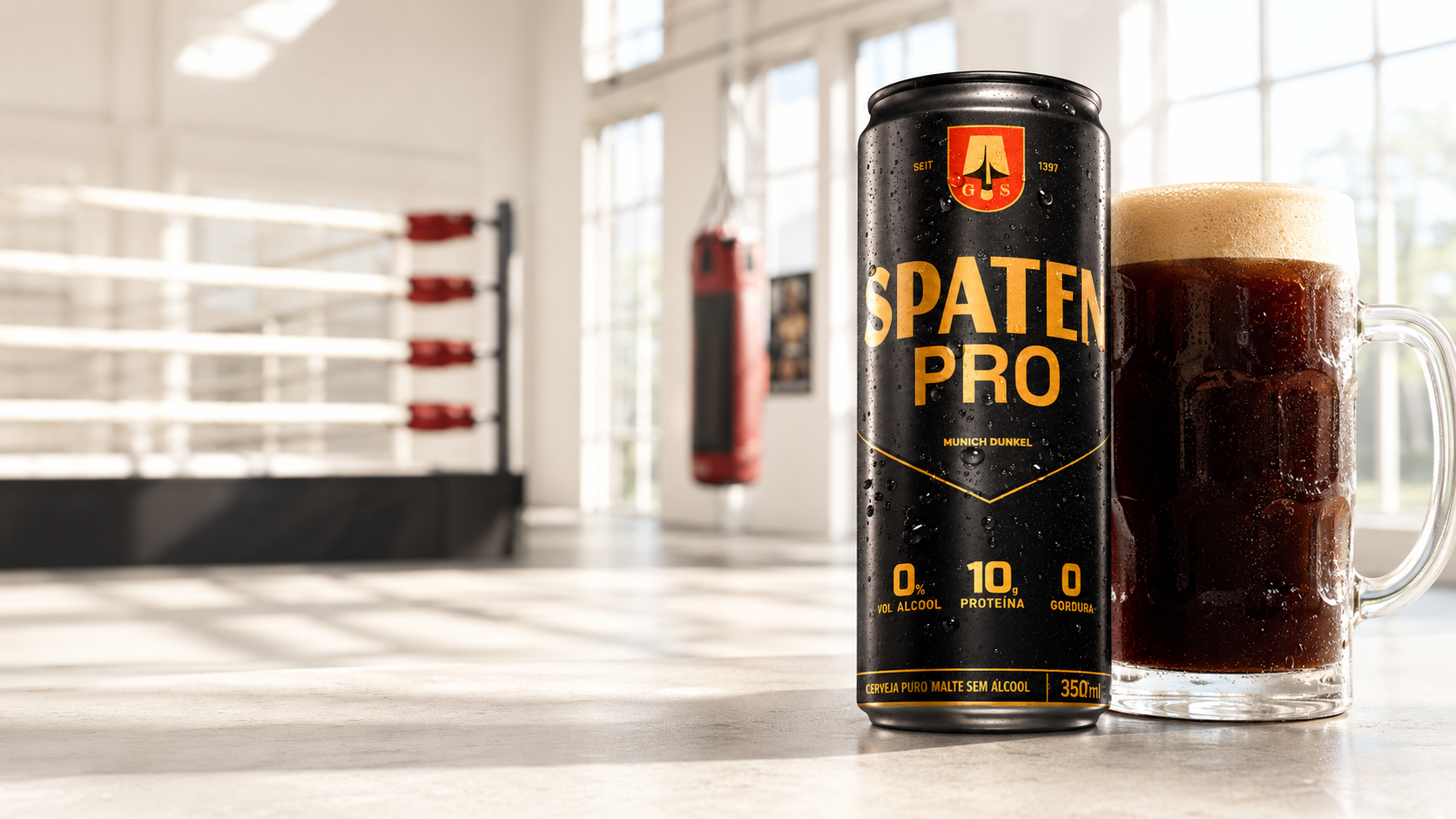 Lata Spaten Pro e caneco no canto de um ringue iluminado