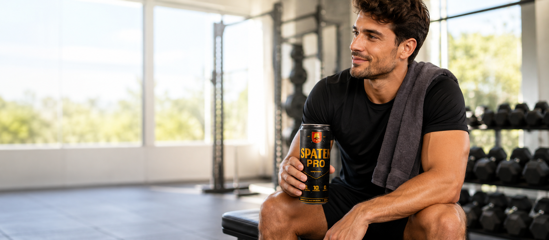 Adulto descansando pos-treino com uma lata fechada de Spaten Pro