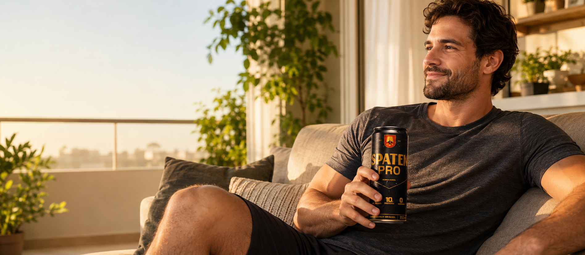 Adulto relaxando em casa no fim de tarde com uma lata fechada de Spaten Pro