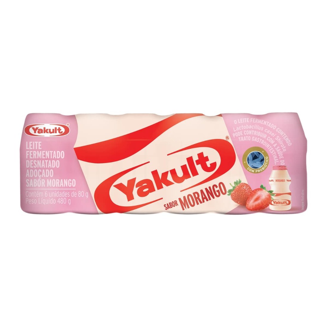 Packshot oficial do pack fechado de seis unidades do Yakult Morango, deitado na horizontal