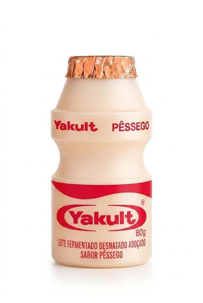 Frasco Yakult Pêssego de 80 g em fundo branco.