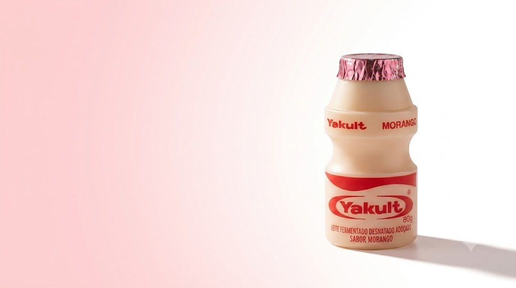 Frasco Yakult Morango de 80 g em pé sobre fundo rosa-claro, com sombra lateral longa.