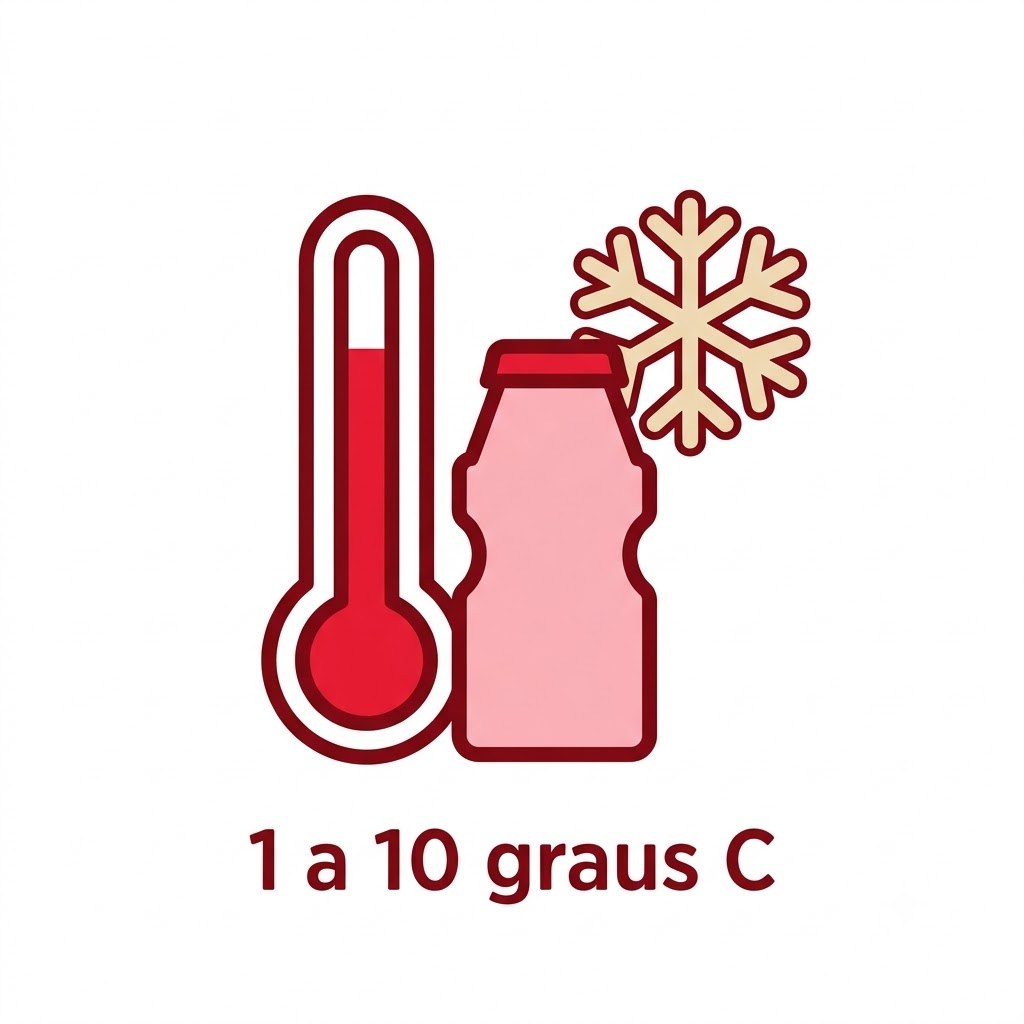 Ícone de termômetro e floco de neve indicando conservação refrigerada de 1 a 10 graus.