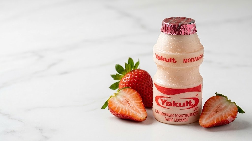 Frasco Yakult Morango gelado sobre mármore branco, ao lado de morangos frescos inteiros e cortados ao meio.