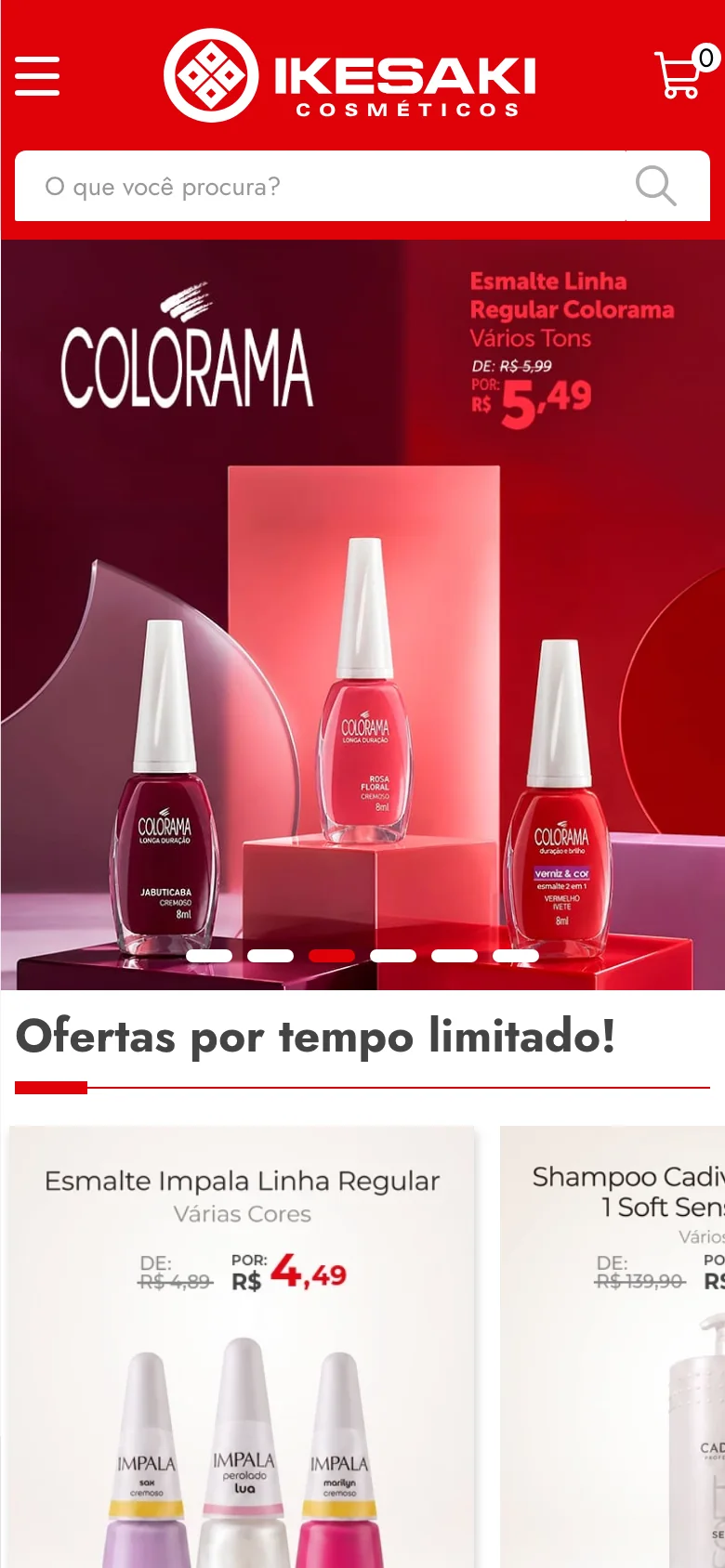 A home da Ikesaki no celular: um banner ocupando a tela e seis tracinhos embaixo